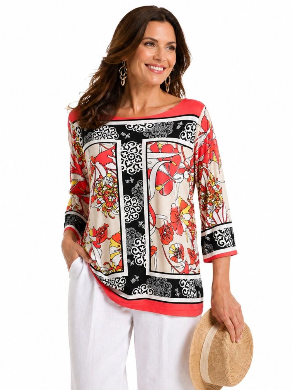 JM Collection Floral Blouse Coral Black Size L – Resort Chic Flowy